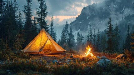 A glowing campfire casting warm light on a pitched tent surrounded by towering trees in the wilderness of a national park.