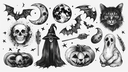 Halloween graffiti spray pattern with ghost, moon, cat, spooky, bat, arrow and spray texture on white background for banner, decoration, street art.
