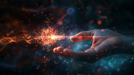 Close-up of a hand holding a glowing digital key, symbolizing access and control in the realm of advanced technology. - obrazy, fototapety, plakaty
