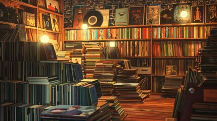  vintage record store with stacks of vinyl records, classic album covers, and a nostalgic atmosphere.  