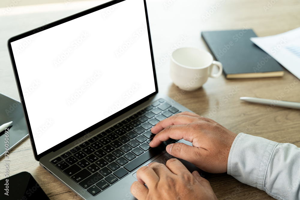 Poster young man working businessman using a desktop computer of the blank screen