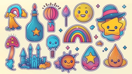 This groovy collection of cartoon characters, doodle smile faces, flowers, castles, rainbows, hearts, basketballs, bottles is a cute retro groovy hippie design suitable for decorative uses. - obrazy, fototapety, plakaty