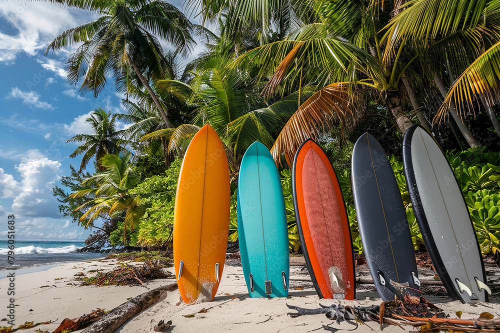 Wall mural Generative AI Image of Surfing Board on the Beach with Coconut Palm Tree in Summer