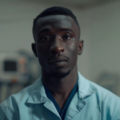 Dark-skinned man in work uniform, looks straight ahead