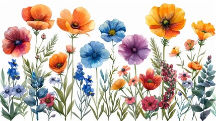Fototapeta na wymiar Spring colorful flower elements modern collection on white background. Includes wildflower, leaf branch, foliage. Hand-drawn blossom illustration for decor, easter, thanksgiving, and clipart.