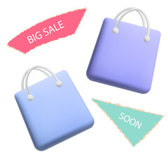 Big sale, cool packaging. Sale coming soon, advertising on the store window. Promotion, discount, mega super sale of women's modern bags. The best price on the market, shop. Vector 3D illustration.