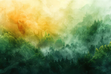 Abstract green watercolor background with green gradient, fantasy forest, fantasy landscape. Created with Ai