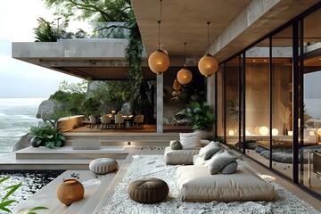 Modern Minimalist Living Area with Serene Ocean Views and Natural Beauty