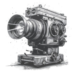 Vintage movie camera on a white background. Drawing and illustration. - obrazy, fototapety, plakaty