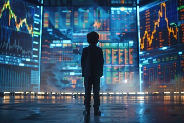 wide view stock market graph growthing up on digital wall and full body Kid Businessman in suit