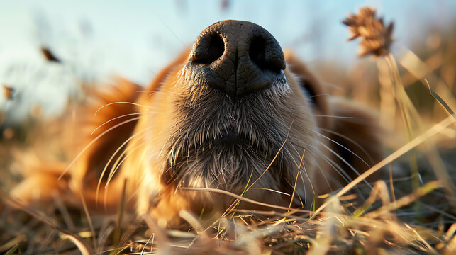 A playful scene of a dog with its whiskers twitching as it sniffs the ground, illustrating the function of whiskers in enhancing a dog's sense of smell and spatial awareness.