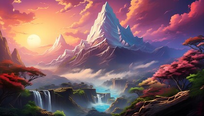 "Dawn's Embrace: Waterfall Cascade on Majestic Peak"
