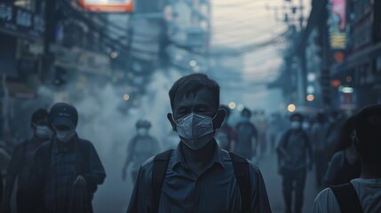 Bleak urban landscape of Bangkok, engulfed in dust with masked inhabitants, depicted in a dark setting, ultraclear