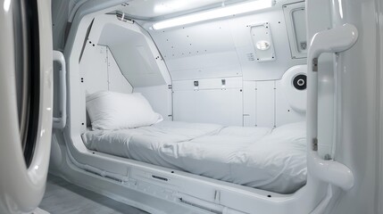 Cold sleep pod within a space shuttle, white background, emphasizing simplicity and silence, high clarity
