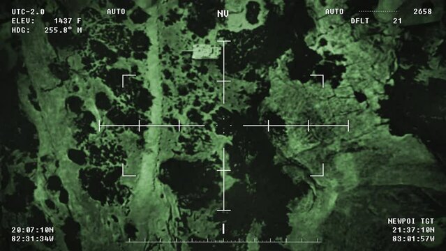 Homing Missile Military Weapon Uses Navigational Target Search. Missile Target Search Focuses On Military Tank Vehicle Explosion. Modern Warfare Missile Target Search On A Position Tracking Interface.