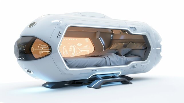 Modern cold sleep pod on a spaceship, isolated against a plain white background, depicted in perfect detail, no noise