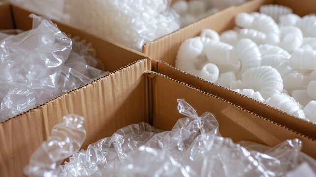  visually appealing image of various packing peanuts, bubble wrap, and air pillows filling a box, showcasing their protective and space-saving qualities. 