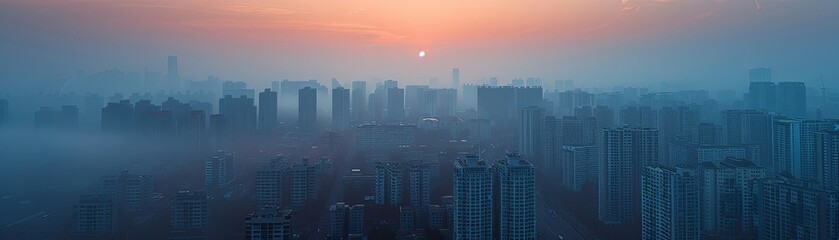 A panoramic view of a city's skyline bathed in the soft glow of sunrise, with layers of fog adding a mystical quality to the urban landscape.