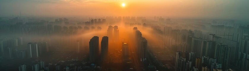 The sun rises over a densely built city, its warm light piercing through the morning mist and illuminating the skyline in a dramatic spectacle.