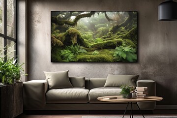 A cozy modern living room features a large wall-mounted photograph of a mystical forest, adding a touch of nature's serenity to the interior design.