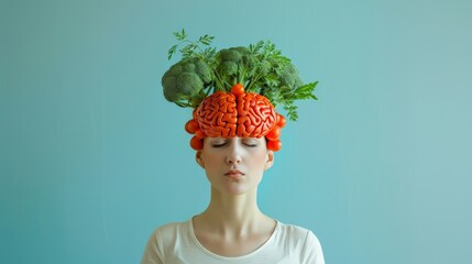 A minimalist portrait of a woman, her head artistically replaced with a neatly organized vegetable brain, emphasizing mental order - 796054424