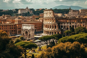 Fototapeta na wymiar Beautiful Rome skyline depicting the Colosseum and ancient ruins, AI-generated