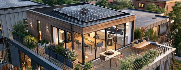 view of the exterior roof and terrace area with solar panels, showcasing an open kitchen on one side leading to a dining table, chairs, a barbeque grill, a seating corner, and outdoor lighting.