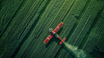 Aerial view of a crop duster airplane releasing fertilizer over a large farm, showcasing the scale and precision required in modern agricultural operations.