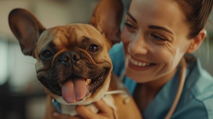 A happy female veterinarian cuddling a cheerful French Bulldog, showcasing the joyful bond between animals and healthcare professionals.