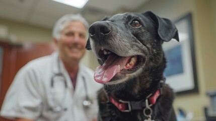 A happy, panting dog enjoys a check-up with a smiling veterinarian in the background, portraying a positive veterinary visit.
