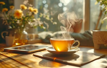 A heated teapot next to a tablet on a table in the sun is emitting steam. - Powered by Adobe