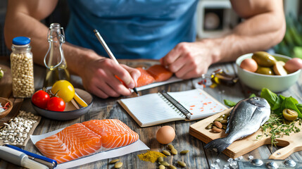 An athlete planning a balanced diet with a focus on healthy fats, reviewing a food diary that includes sources like fish and olive oil, emphasizing nutrition in fitness.