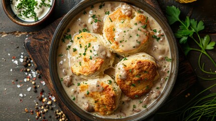 Artistic top view photo of a lighter Biscuits and Sausage Gravy version, featuring healthier ingredients and preparation, perfect for dietary menus, isolated