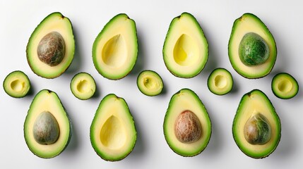 Artistic top view of whole and sliced avocados, arranged to highlight their healthy fats, isolated background, studio lighting for a clear, sharp image