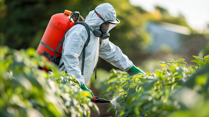 Close-up of a worker wearing a mask and protective suit while operating a backpack sprayer among rows of crops, highlighting precision and protection in crop maintenance.