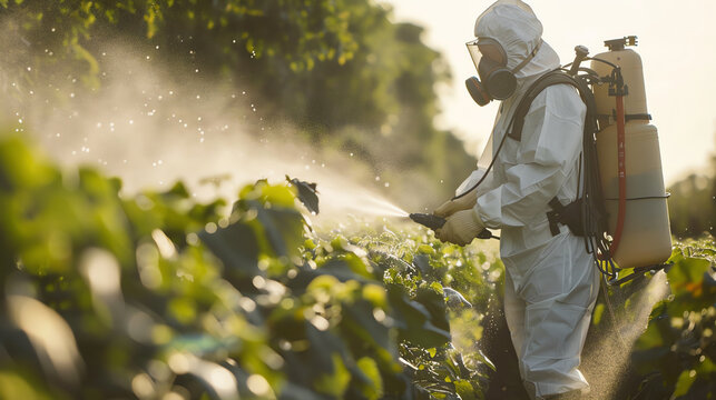 Close-up of a worker wearing a mask and protective suit while operating a backpack sprayer among rows of crops, highlighting precision and protection in crop maintenance.