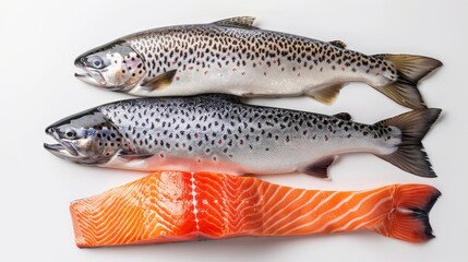 Artistic top view of salmon, mackerel, and trout, emphasizing their role as excellent sources of omega-3 fatty acids, against an isolated background, studio lighting