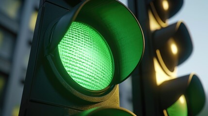 Green traffic light is lit up in front of building