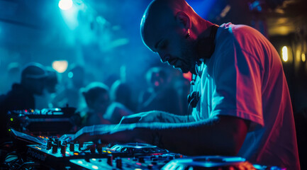 DJ is playing modern electronic music at a popular nightclub
