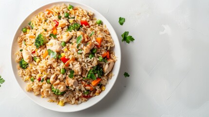 Artistic top view of a healthy brown rice fried rice meal with mixed vegetables and chicken, using a minimal amount of healthy oils, isolated on a clean background
