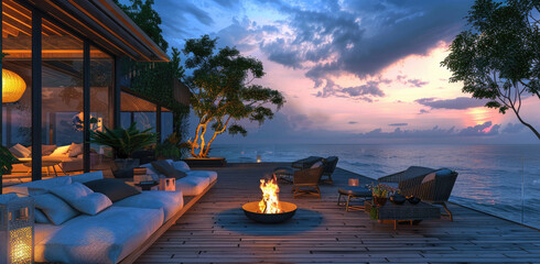 A modern wooden terrace with sofas and chairs overlooking the sea, sunset lighting, an outdoor fire pit on one side of sofa, large potted plants on the balcony
