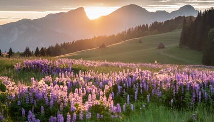 sunrise in the mountains,field, landscape, flower, summer, nature, sky, meadow