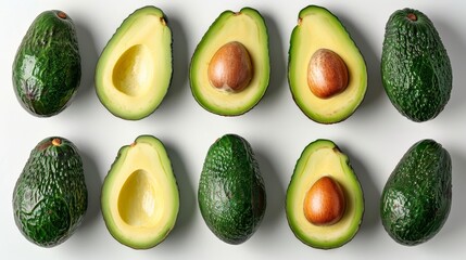 Artistic top view of avocados arranged on a pristine white background, showcasing the fiber and vitamins, ideal for health-focused content