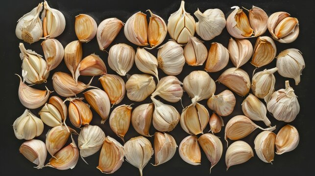 Artistic top view image of garlic cloves arranged to highlight their natural texture and health benefits, perfect for educational content, isolated backdrop
