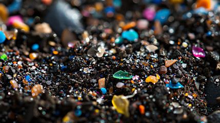 Microplastics embedded in the soil, showing how these tiny particles integrate into natural environments, emphasizing their pervasive and persistent nature.