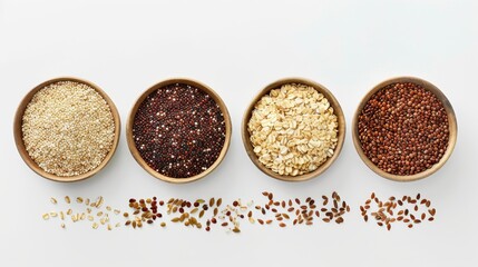 Artistic top view display of whole grains including quinoa, oats, barley, and bulgur, emphasizing their health benefits, on an isolated background