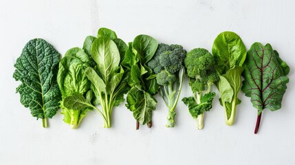 Artistic top view display of nutrient-rich leafy greens such as collard greens and spinach, ideal for health-focused content, isolated on a clean backdrop