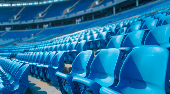 Big empty stadium full of blue seats