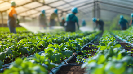 Workers in a commercial greenhouse applying liquid fertilizer to rows of plants using drip irrigation systems, illustrating advanced and water-efficient farming technology.