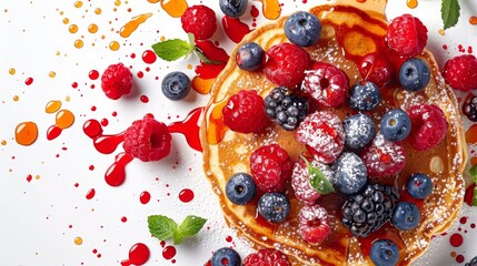 Artistic top shot of whole grain pancakes, lavishly topped with vibrant berries and natural syrup, emphasizing a healthy lifestyle, isolated setting